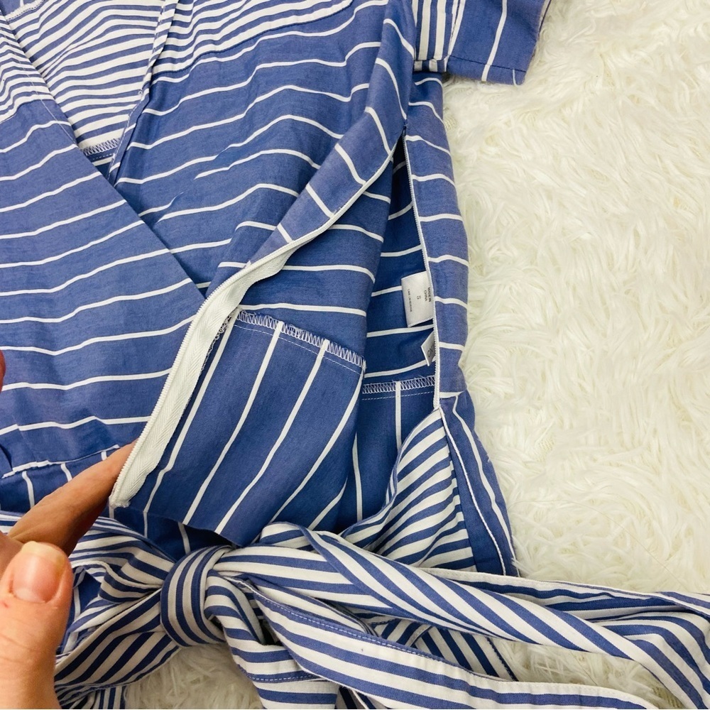 NEW YORK & COMPANY navy & white striped tie waist wrap puff sleeve blouse SZ S - Picture 7 of 14